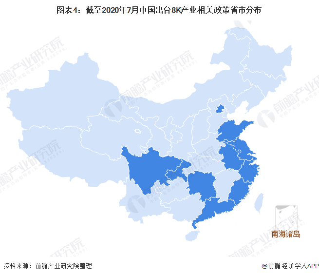 图表4：截至2020年7月中国出台8K产业相关政策省市分布